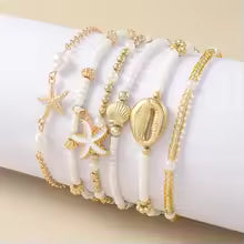 Vintage Seed Bead Stacked Bracelet Set Starfish Shell Embellishment Bracelets Elegant Women's Summer Beach Party Ideal Jewelry