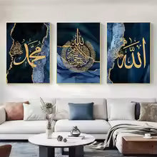 3-Piece Eid al-Fitr Islamic Calligraphy Poster Set Blue Marble Background with Gold Font Frameless Canvas Home Office Decor