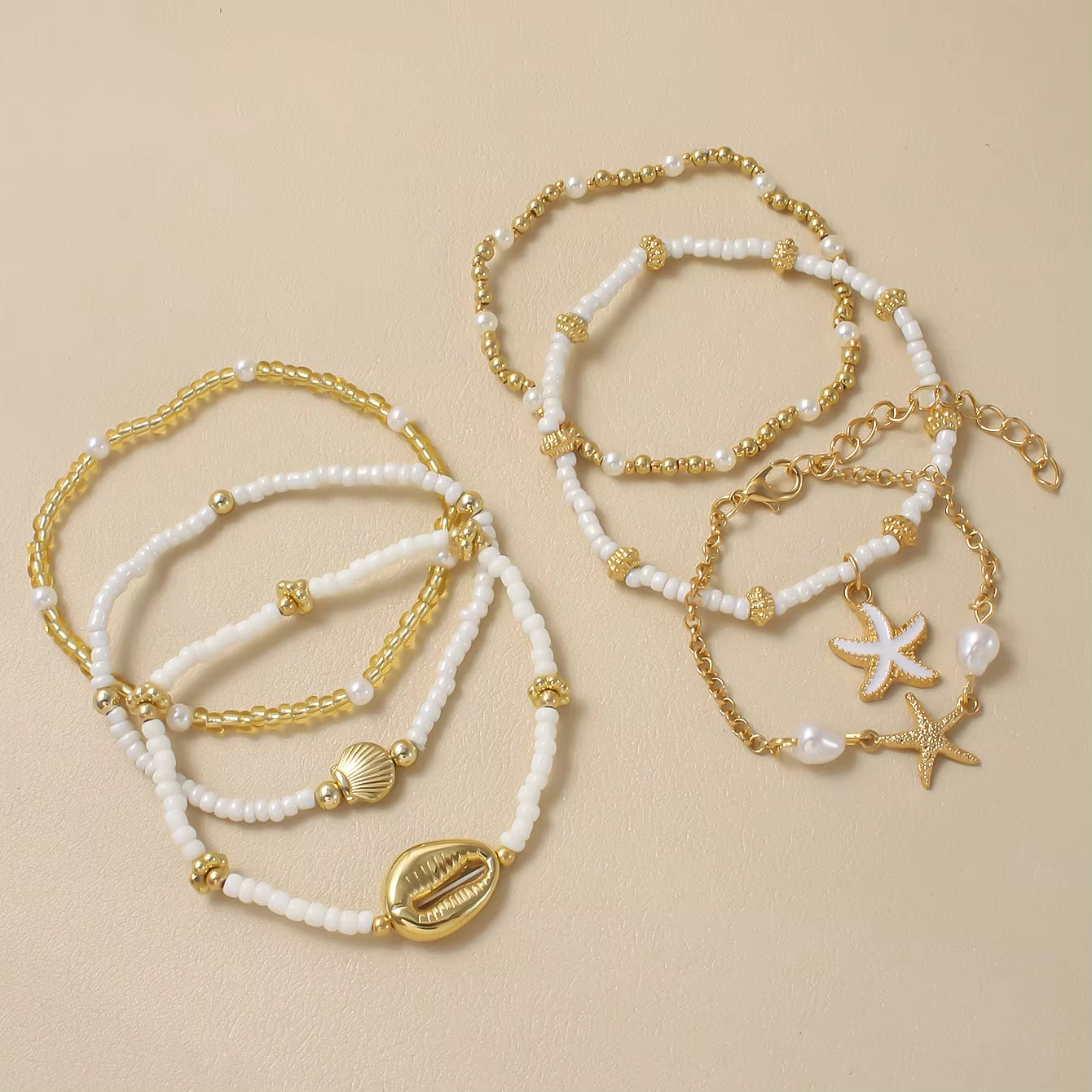 Vintage Seed Bead Stacked Bracelet Set Starfish Shell Embellishment Bracelets Elegant Women's Summer Beach Party Ideal Jewelry