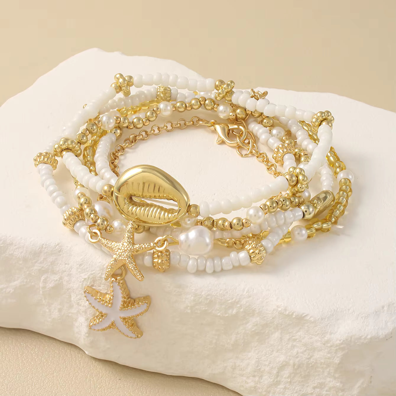 Vintage Seed Bead Stacked Bracelet Set Starfish Shell Embellishment Bracelets Elegant Women's Summer Beach Party Ideal Jewelry
